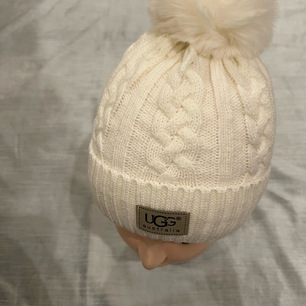 UGG Kids' Ivory Cable Knit Beanie with Pom-Pom